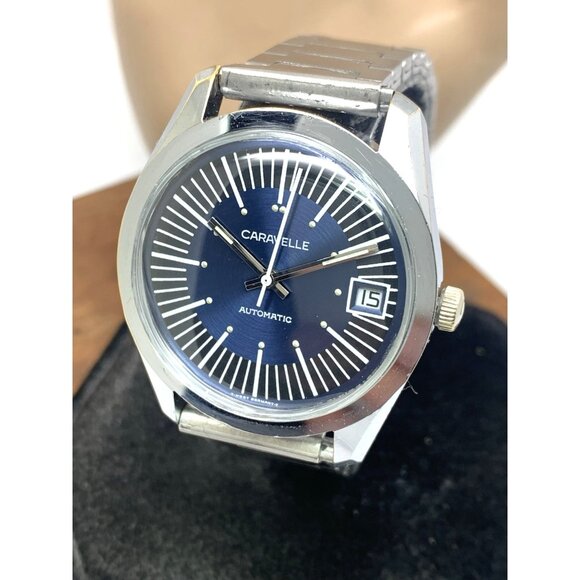 Caravelle Men's Watch 1970'S Vintage Automatic Blue Dial Date Silver Steel 36mm - Picture 1 of 14